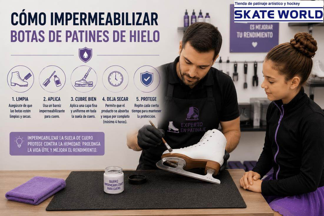 Las suelas de botas de patinaje hechas de cuero o madera sufren con el agua, por eso debes impermeabilizarlas