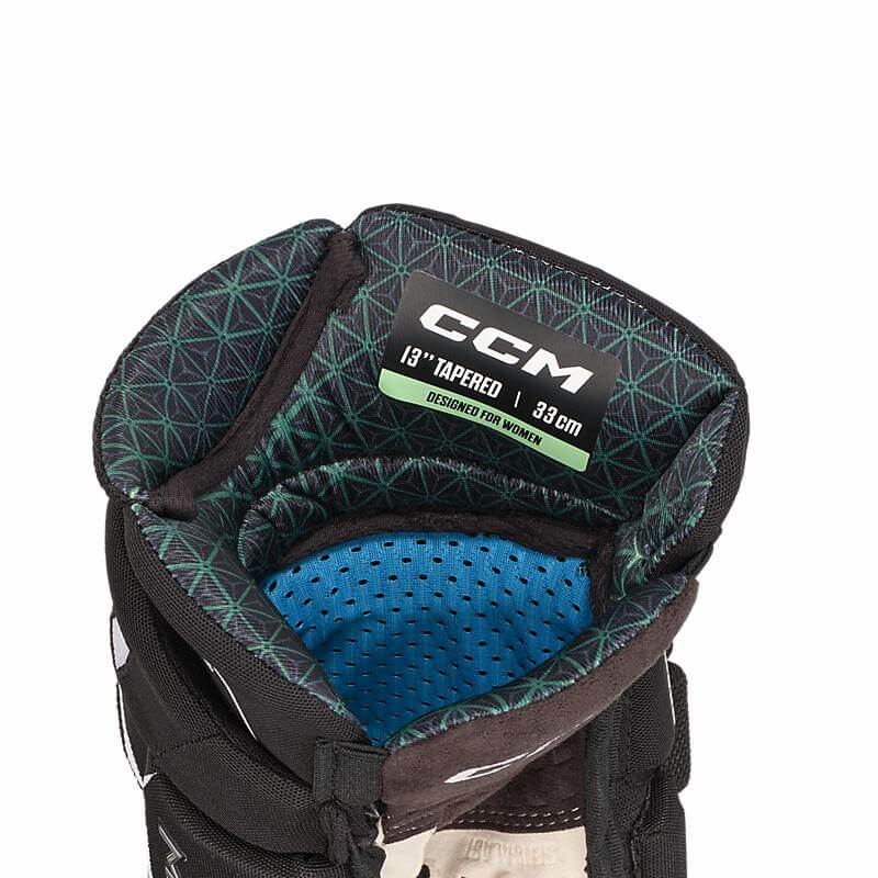 Guantes de hockey CCM JetSpeed FTW para mujer: forro con tecnología Polygiene Odor Crunch que elimina olores, controla la humedad y mantiene las manos frescas y secas