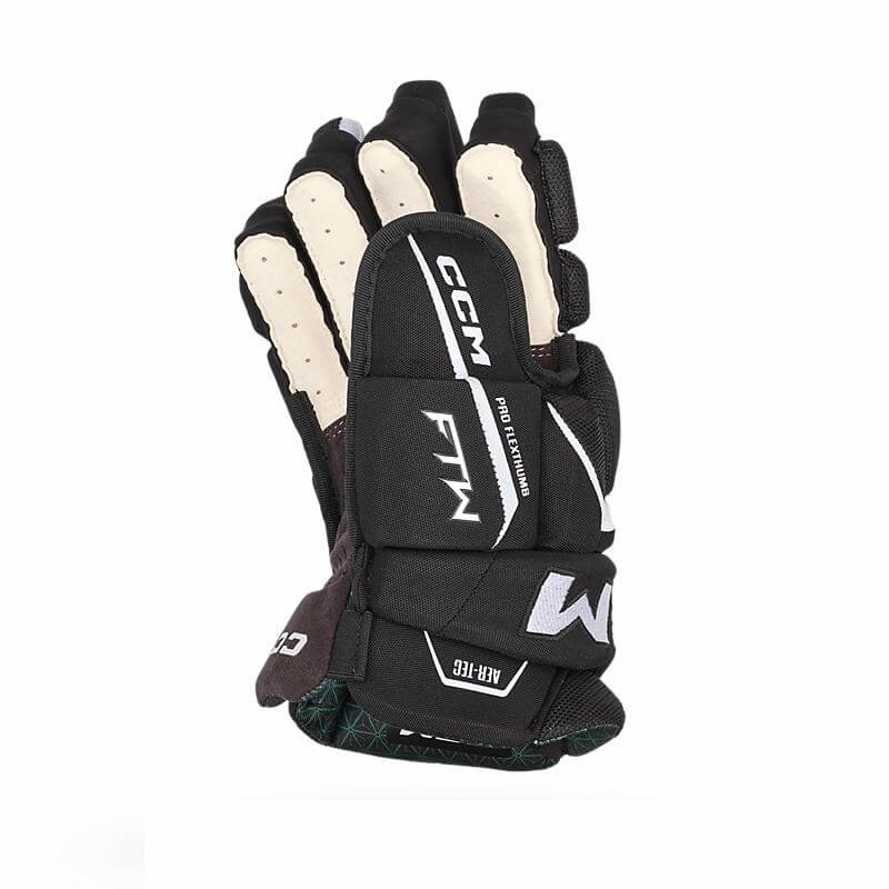 Guante de hockey CCM JetSpeed FTW para mujer, diseño ergonómico con palma Sensalast texturizada y puño corto preangulado para máximo control del stick