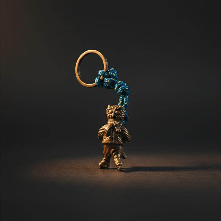Llavero metálico importado con figura de bronce con el diseño de un búho patinador