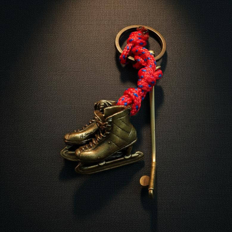llavero de bronce artesanal de Andrea Creazioni diseño patines y stick de hockey