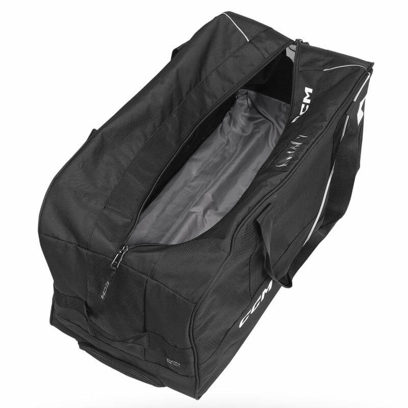 Interior de maleta de hockey CCM 520 37 pulgadas con compartimentos para patines, bolsa para ropa sucia y forro de poliéster 210D - organización completa