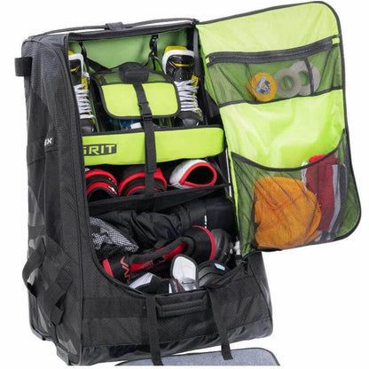 Maleta de hockey Grit Fex 2.0 con ruedas tiene un diseño más ancho y profundo donde todo cabe.