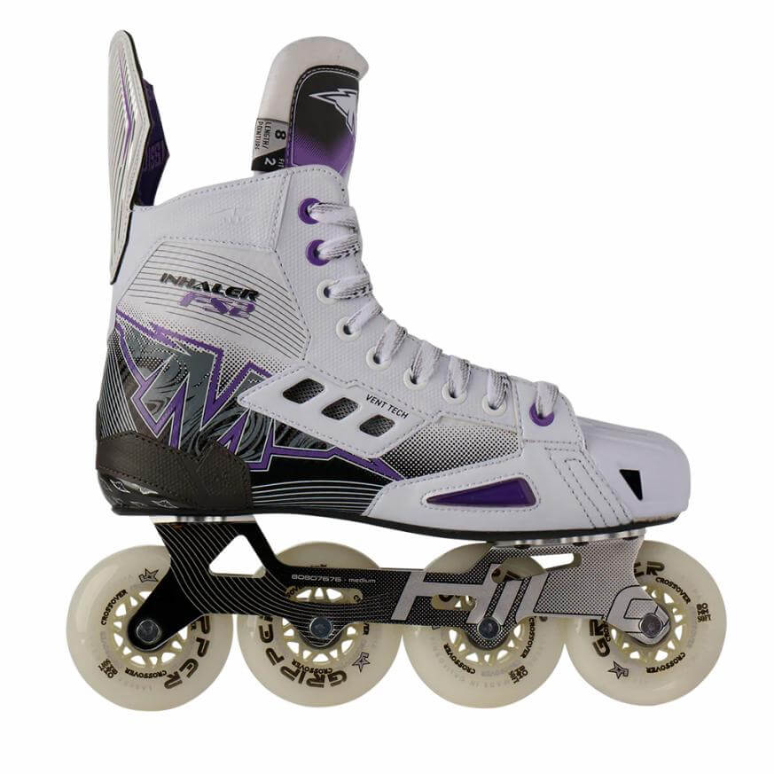 Patín Mission Inhaler FS2 vista lateral. Bota de composite, cierre ajustable y ruedas para hockey inline.