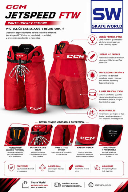 Pants de Hockey Femenil CCM JetSpeed FTW Senior Protección de Élite con Ajuste Anatómico. Diseñados para mujeres.