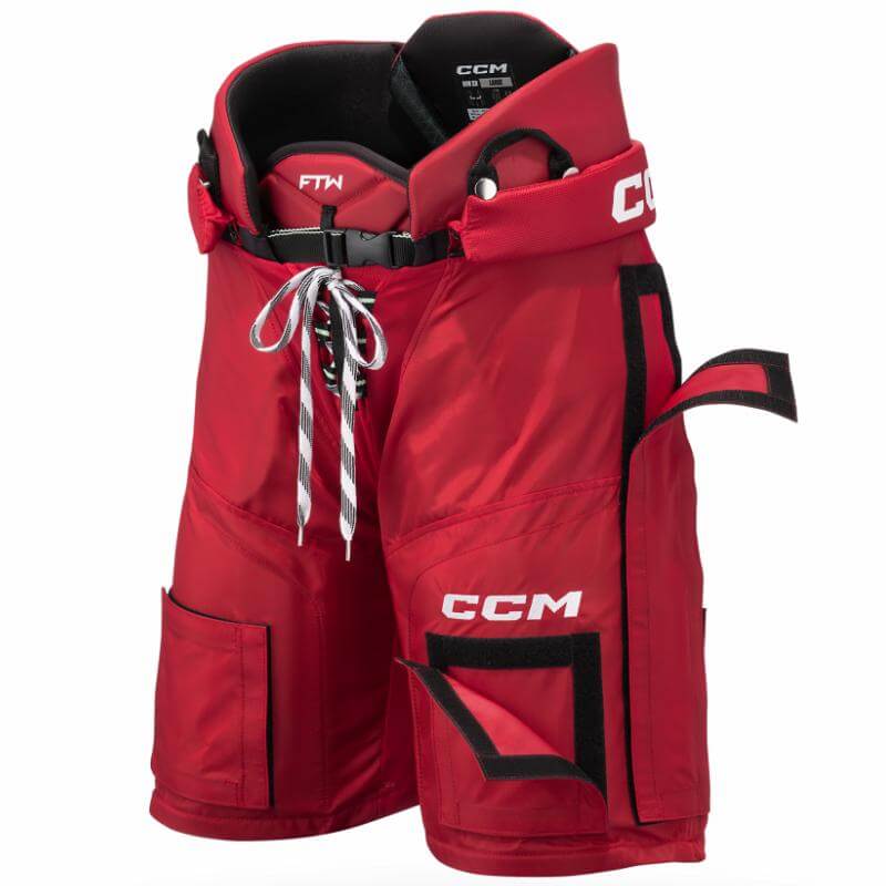 Pants de hockey femenil CCM JetSpeed FTW Senior con velcro rojo para ajuste personalizado - protección elite para mujer